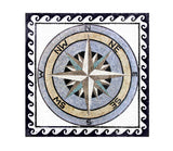 handcrafted nautical compass rose square marble mosaic medallion with a running wave border.