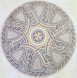 Top-down circular view of a classical Roman style geometric marble mosaic floor medallion featuring terracotta, yellow, and grey natural stones.