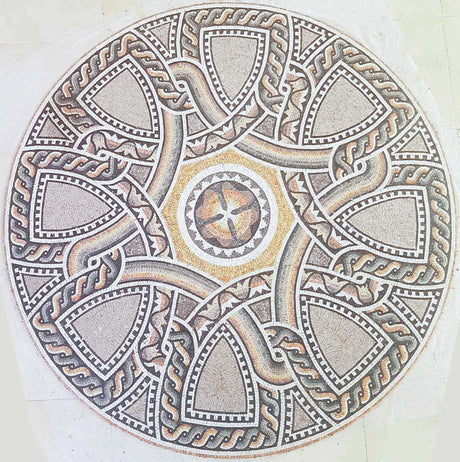 Top-down circular view of a classical Roman style geometric marble mosaic floor medallion featuring terracotta, yellow, and grey natural stones.